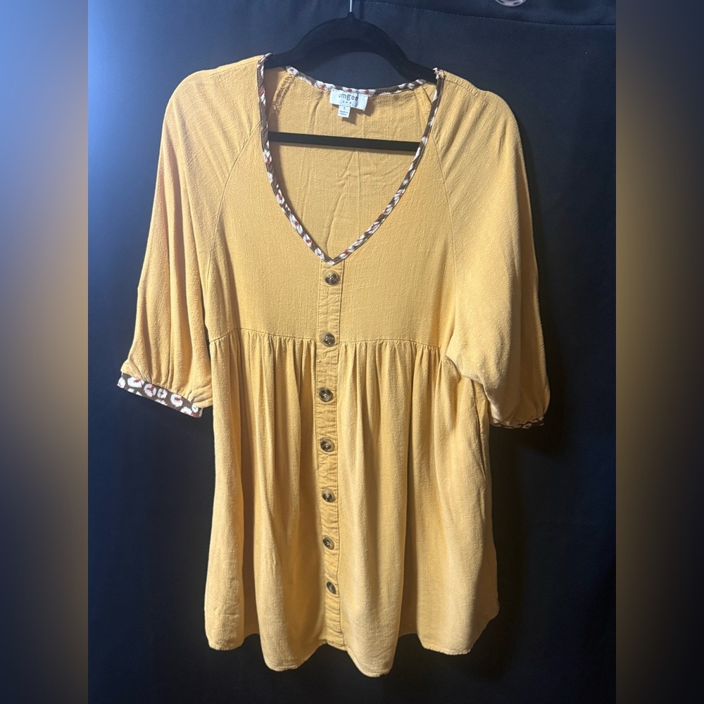 Umgee Mustard Button-Front Midi Dress with Printed Trim